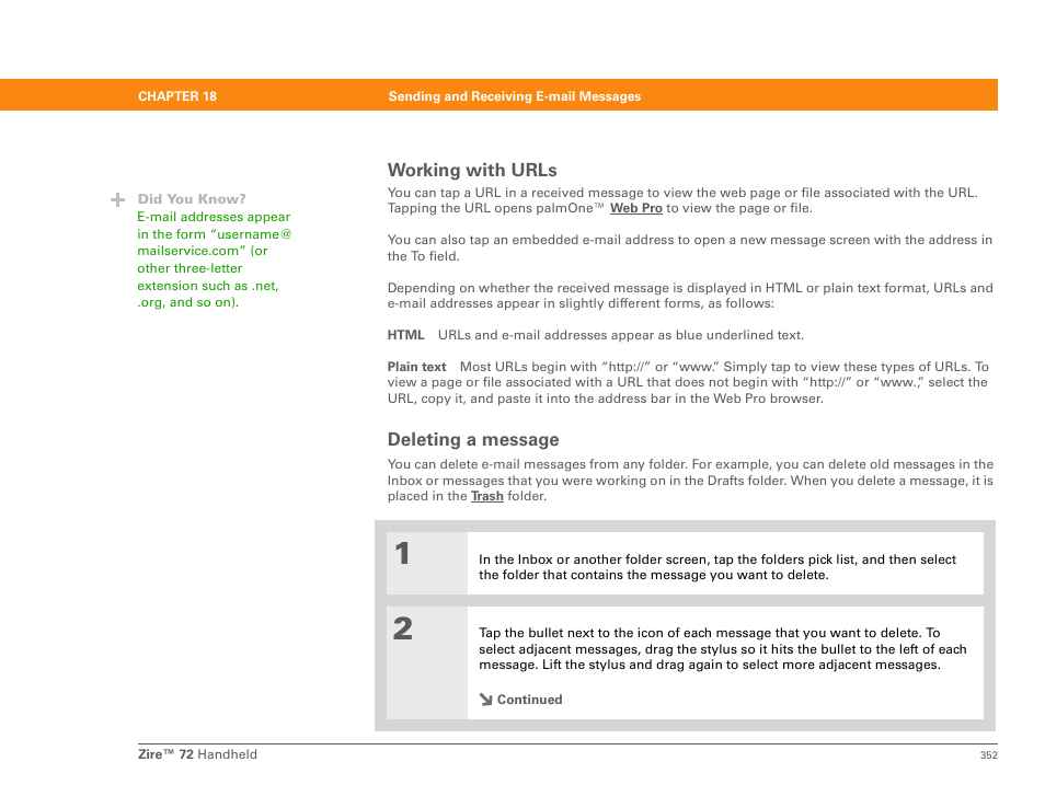 Deleting a message, Working with urls | Palm Zire 72 User Manual | Page 374 / 706