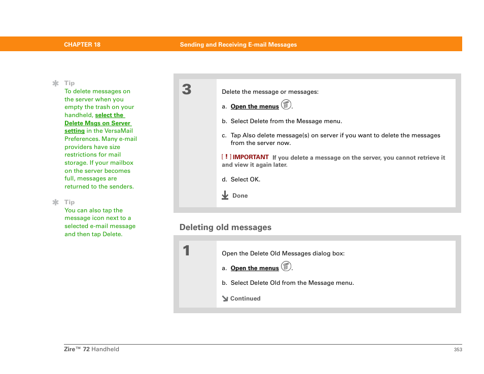 Deleting old messages | Palm Zire 72 User Manual | Page 375 / 706