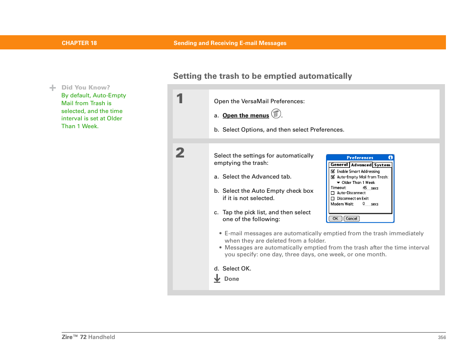 Setting the trash to be emptied automatically | Palm Zire 72 User Manual | Page 378 / 706