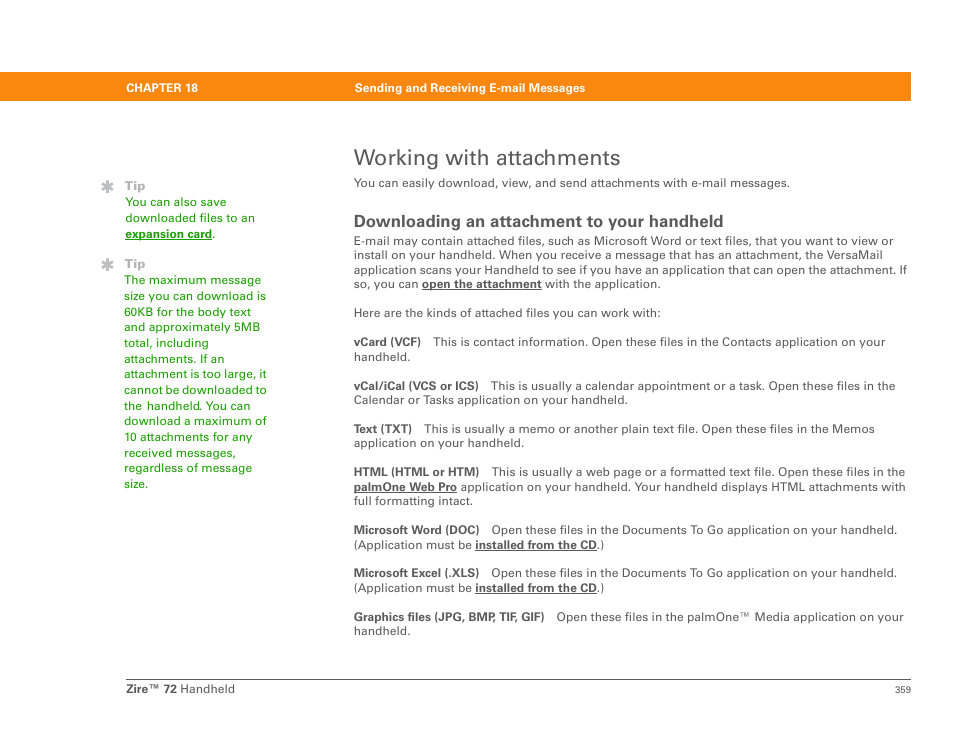 Working with attachments, Downloading an attachment to your handheld, Download attachments | Palm Zire 72 User Manual | Page 381 / 706