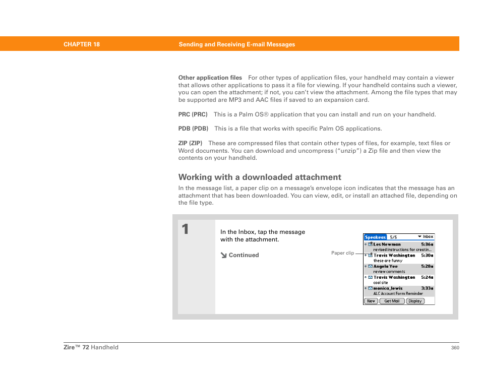 Working with a downloaded attachment | Palm Zire 72 User Manual | Page 382 / 706