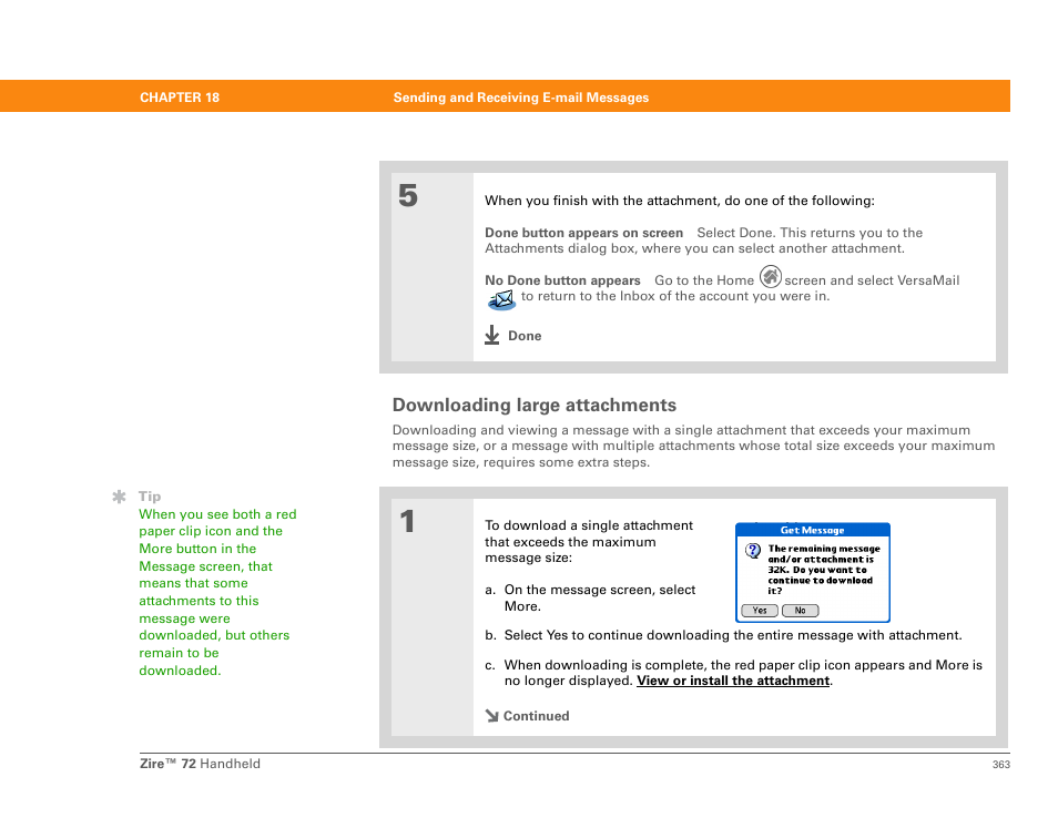 Downloading large attachments | Palm Zire 72 User Manual | Page 385 / 706