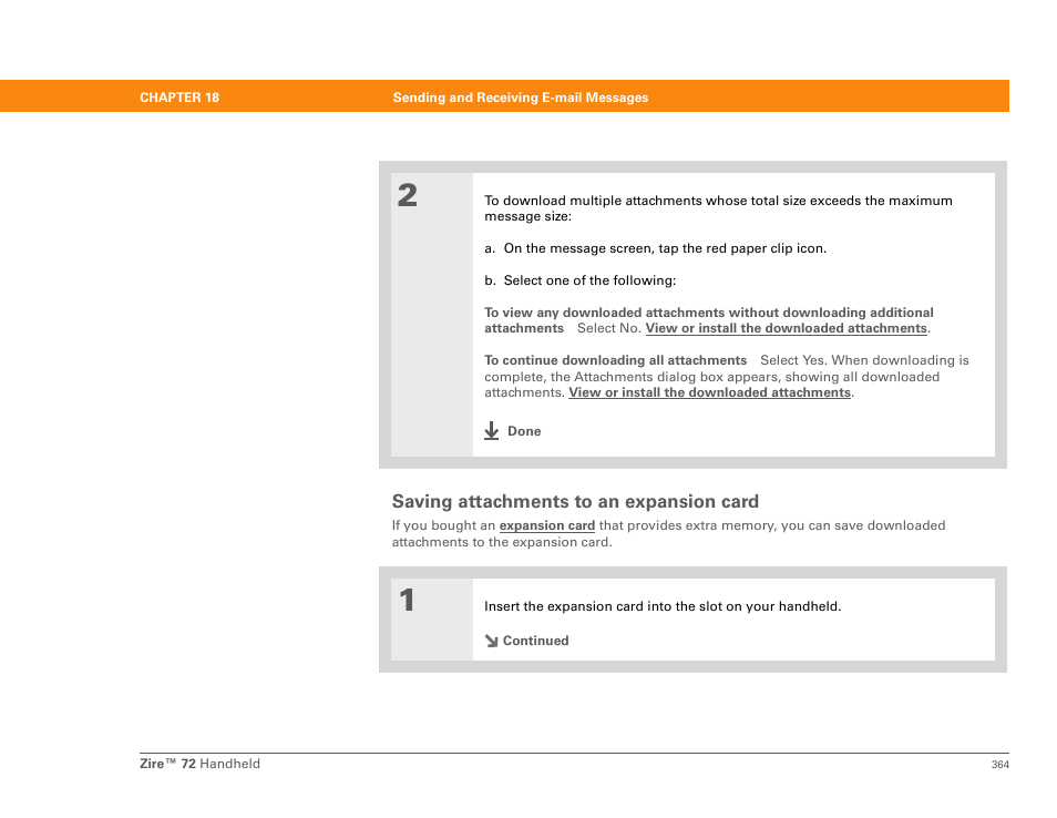 Saving attachments to an expansion card | Palm Zire 72 User Manual | Page 386 / 706