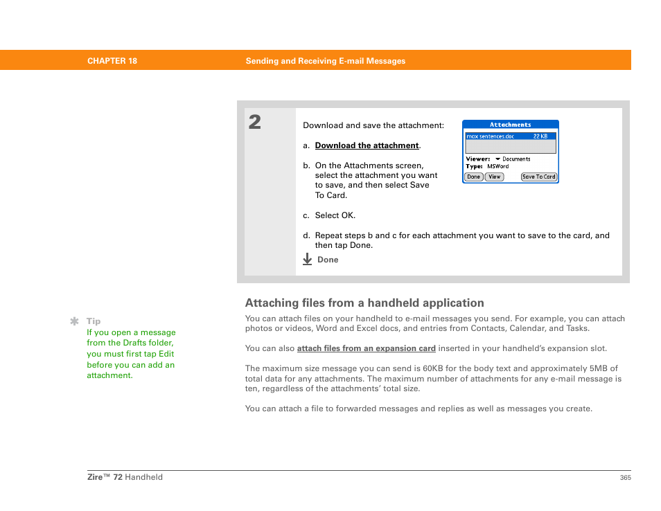 Attaching files from a handheld application | Palm Zire 72 User Manual | Page 387 / 706