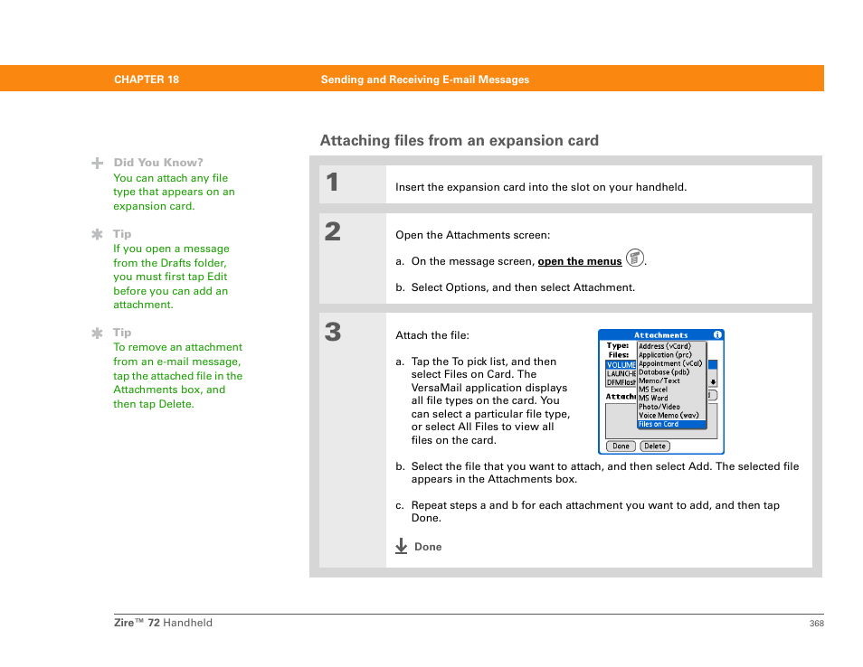 Attaching files from an expansion card | Palm Zire 72 User Manual | Page 390 / 706