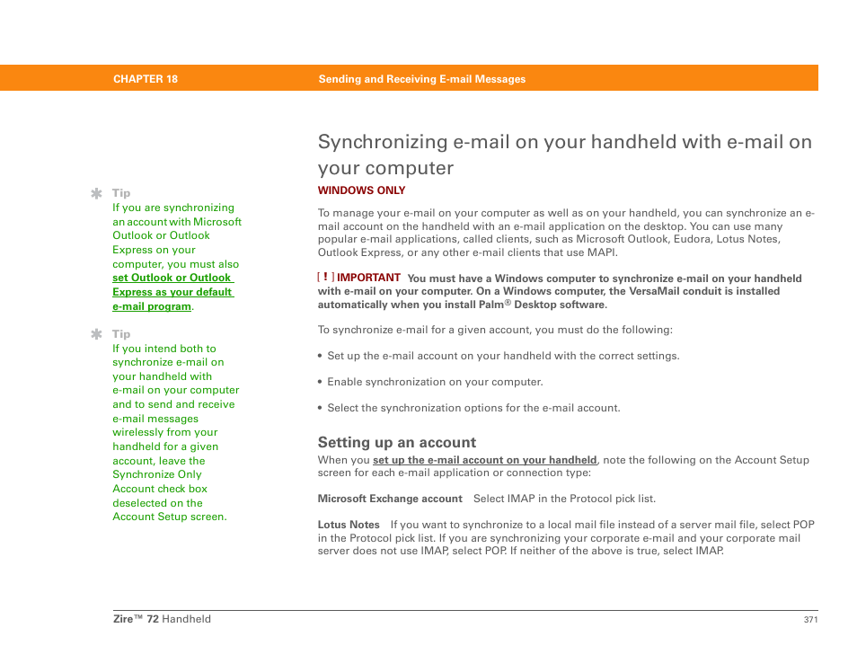 Setting up an account, 371 setting up an account, If you set up a | Important | Palm Zire 72 User Manual | Page 393 / 706