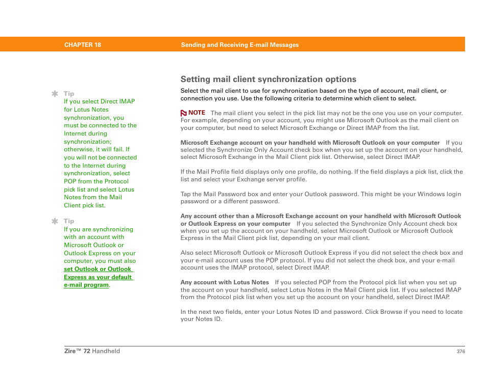 Setting mail client synchronization options | Palm Zire 72 User Manual | Page 398 / 706