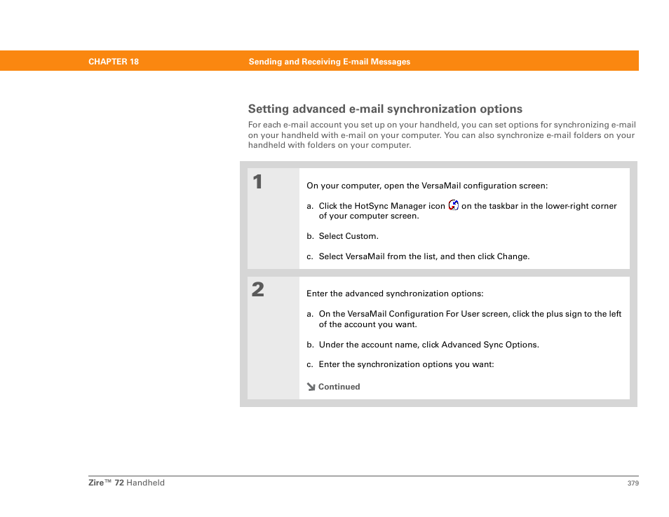 Setting advanced e-mail synchronization options | Palm Zire 72 User Manual | Page 401 / 706