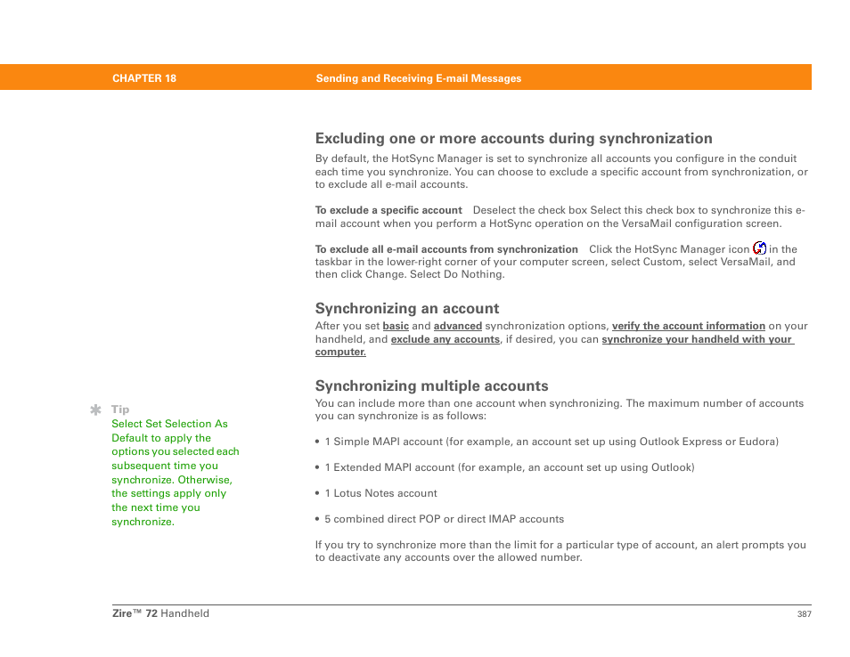 Synchronizing an account, Synchronizing multiple accounts | Palm Zire 72 User Manual | Page 409 / 706