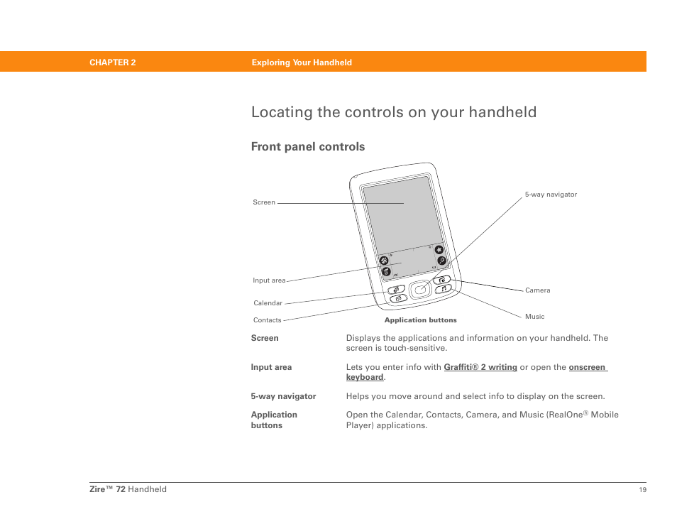 Locating the controls on your handheld, Front panel controls | Palm Zire 72 User Manual | Page 41 / 706