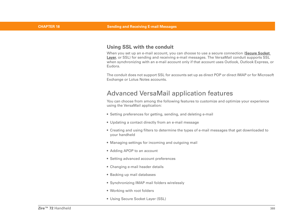 Using ssl with the conduit, Advanced versamail application features | Palm Zire 72 User Manual | Page 410 / 706