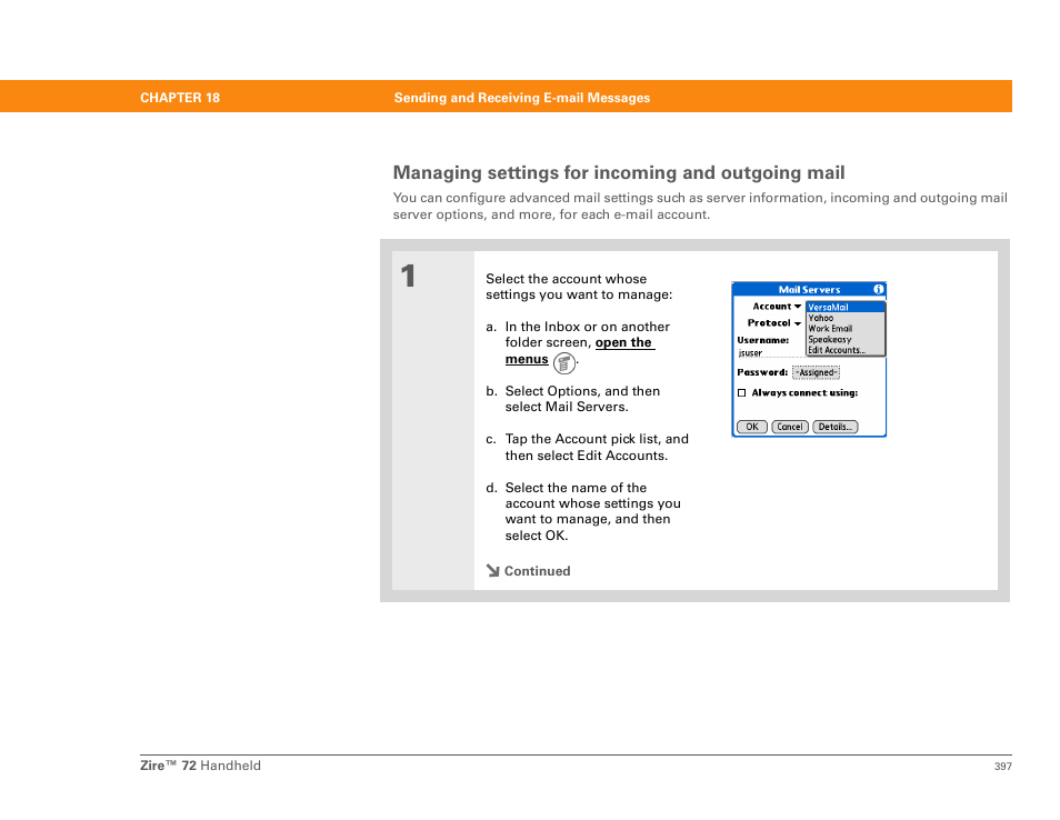 Managing settings for incoming and outgoing mail | Palm Zire 72 User Manual | Page 419 / 706