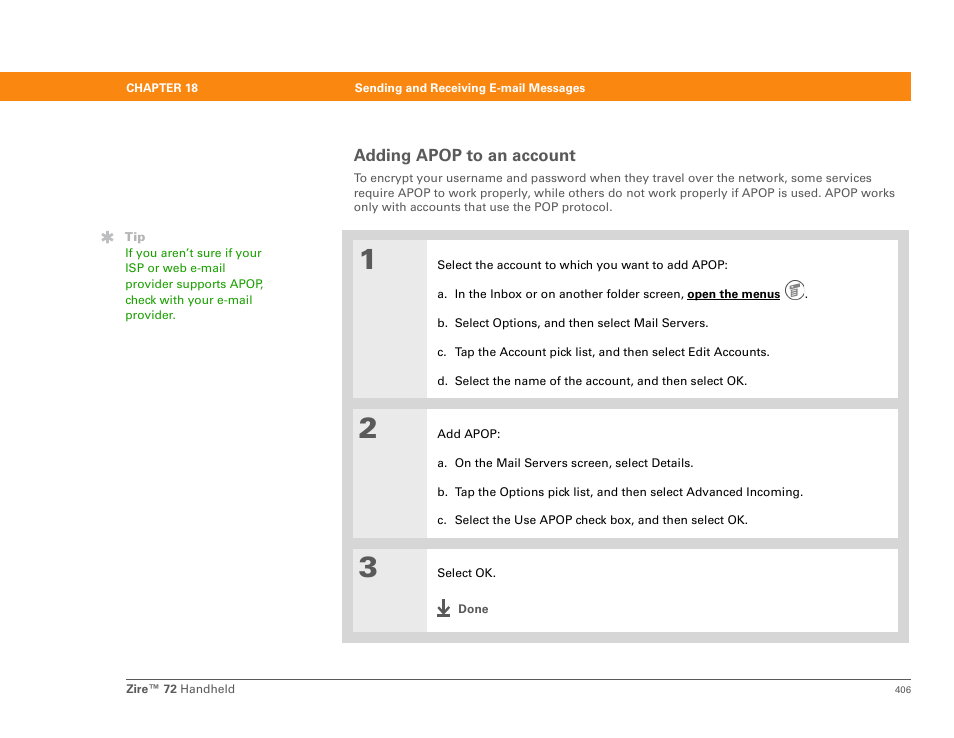 Adding apop to an account, Ssl), authenticated, Post office protocol (apop | Palm Zire 72 User Manual | Page 428 / 706