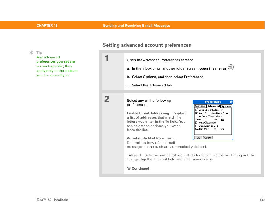 Setting advanced account preferences | Palm Zire 72 User Manual | Page 429 / 706
