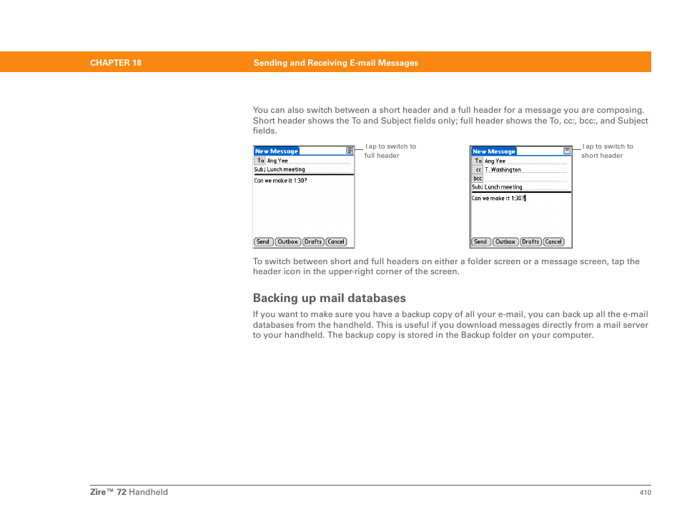 Backing up mail databases | Palm Zire 72 User Manual | Page 432 / 706