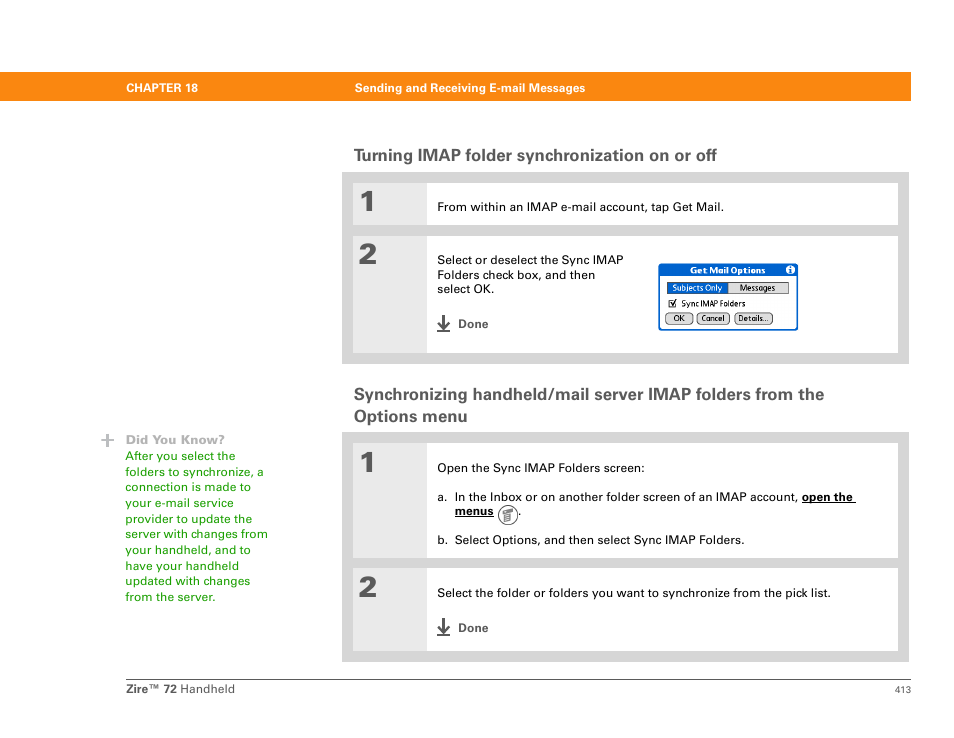 Turning imap folder synchronization on or off, Options menu | Palm Zire 72 User Manual | Page 435 / 706