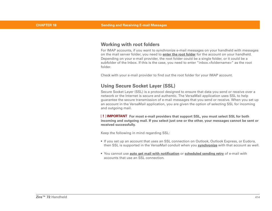 Working with root folders, Using secure socket layer (ssl), Secure socket layer | Secure socket, Layer , o, Ssl connections | Palm Zire 72 User Manual | Page 436 / 706