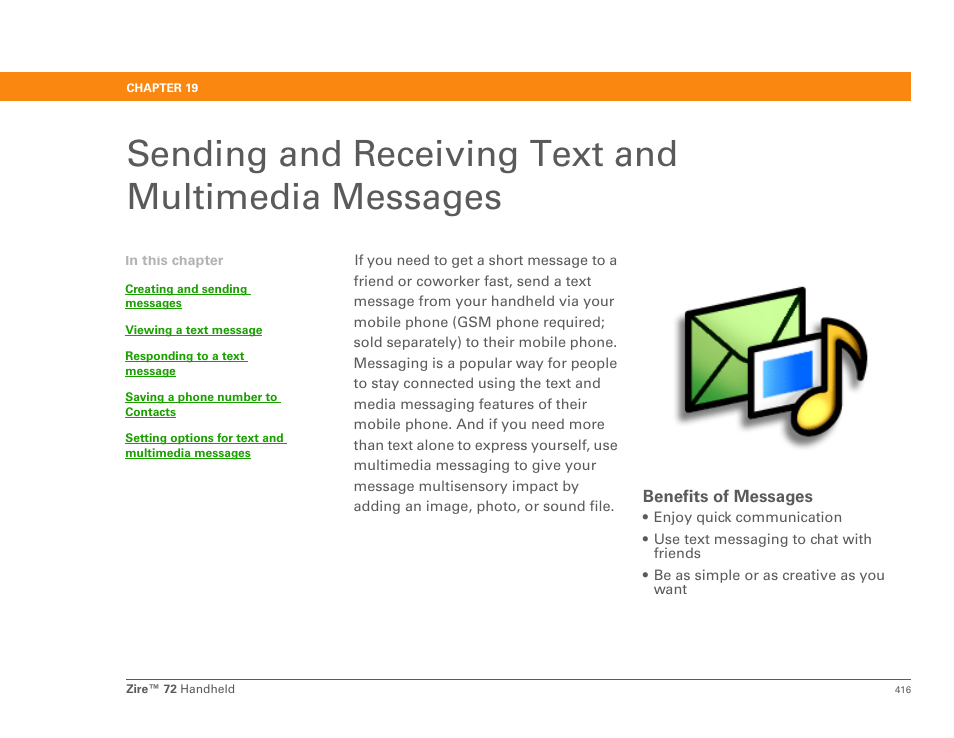 Sending and receiving text and multimedia messages, Messaging, Nd messaging | Messages | Palm Zire 72 User Manual | Page 438 / 706