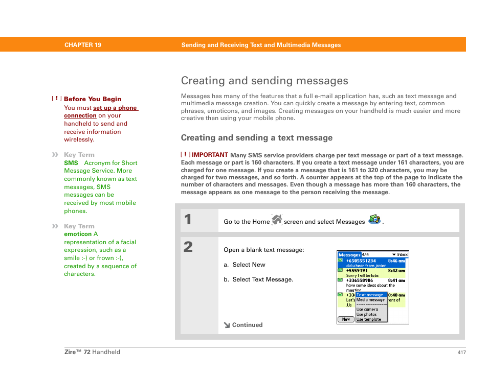 Creating and sending messages, Creating and sending a text message | Palm Zire 72 User Manual | Page 439 / 706