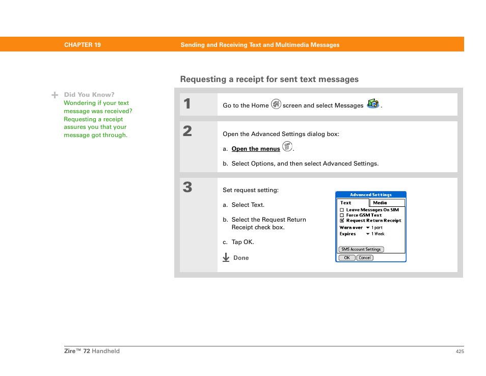 Requesting a receipt for sent text messages | Palm Zire 72 User Manual | Page 447 / 706