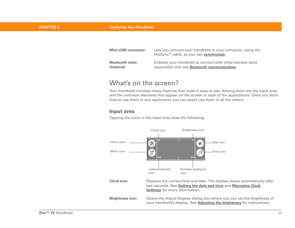 What’s on the screen, Input area | Palm Zire 72 User Manual | Page 45 / 706