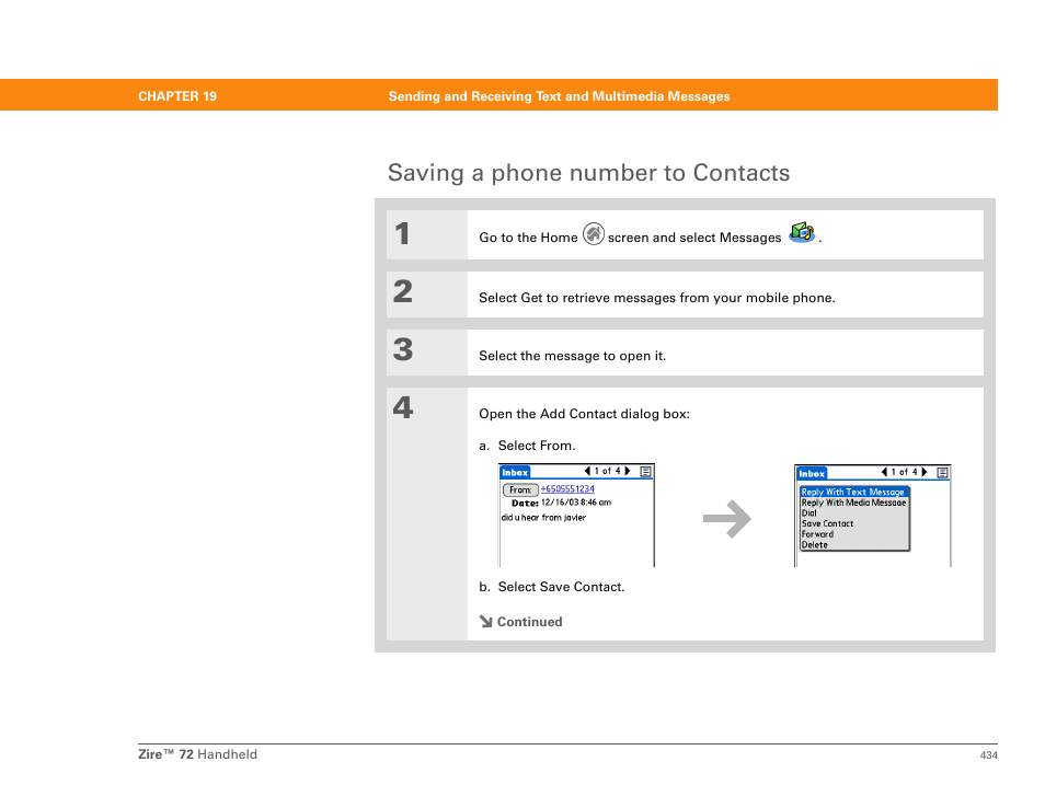 Saving a phone number to contacts | Palm Zire 72 User Manual | Page 456 / 706