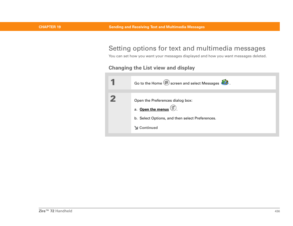 Setting options for text and multimedia messages, Changing the list view and display | Palm Zire 72 User Manual | Page 458 / 706