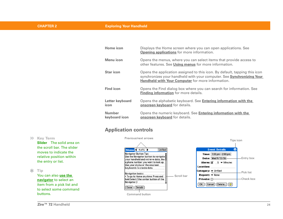 Application controls | Palm Zire 72 User Manual | Page 46 / 706