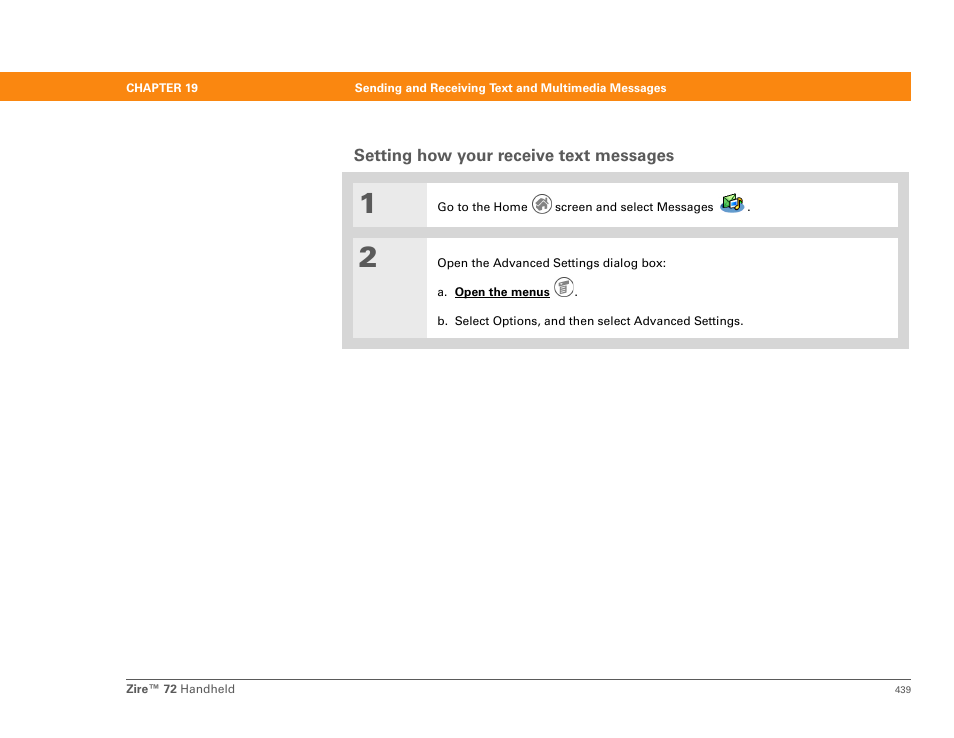 Setting how your receive text messages | Palm Zire 72 User Manual | Page 461 / 706