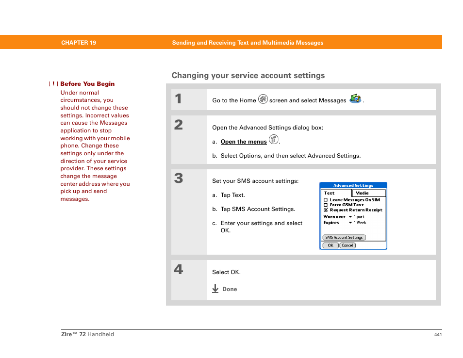 Changing your service account settings | Palm Zire 72 User Manual | Page 463 / 706