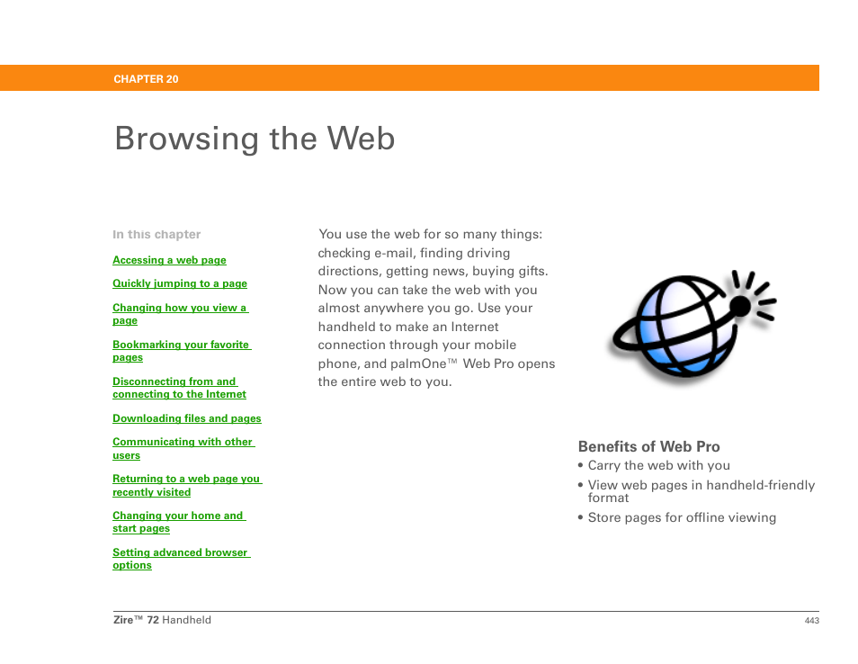 Browsing the web, Chapter 20: browsing the web, Web browser | Palmone web pro applica | Palm Zire 72 User Manual | Page 465 / 706