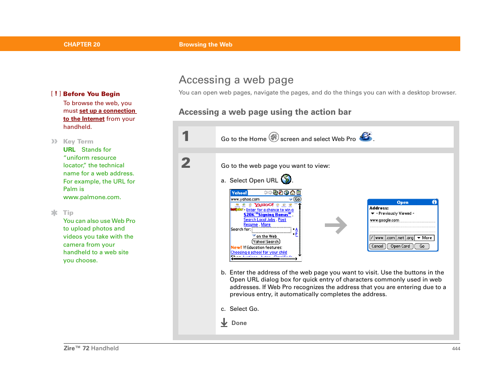 Enter a url in, Accessing a web page | Palm Zire 72 User Manual | Page 466 / 706