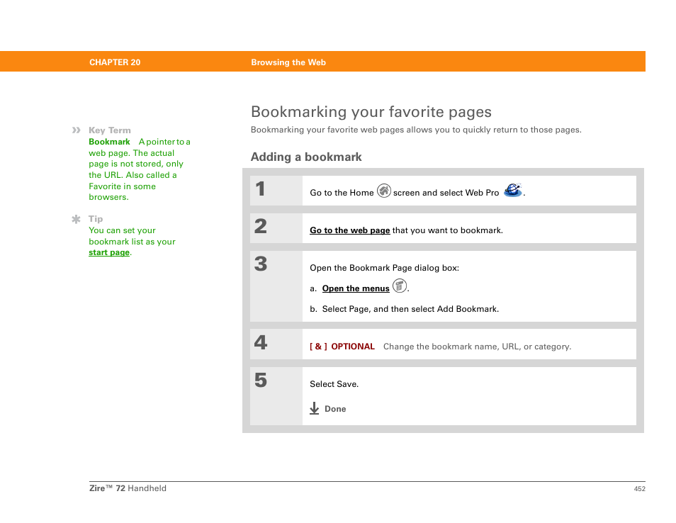 Adding a bookmark, Bookmarking your favorite pages | Palm Zire 72 User Manual | Page 474 / 706