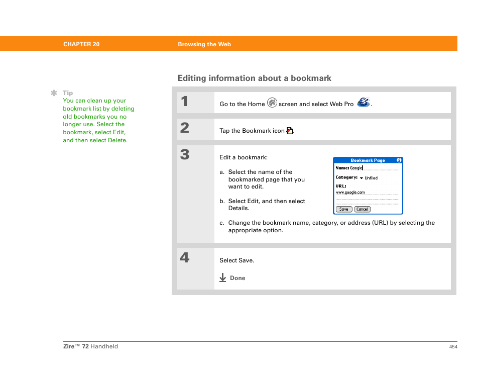 Editing information about a bookmark | Palm Zire 72 User Manual | Page 476 / 706