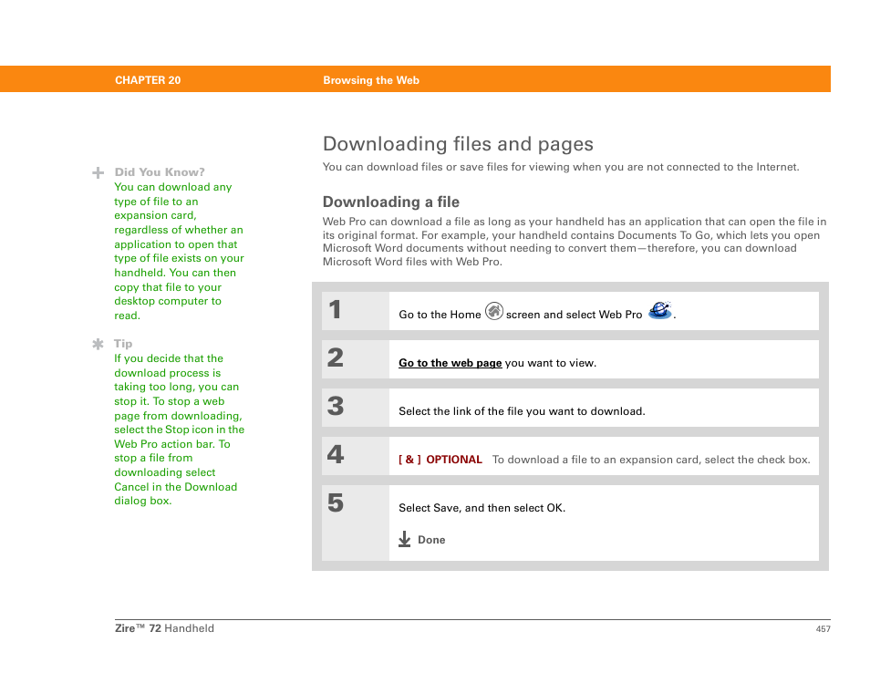 Downloading a file, Downloading files and pages | Palm Zire 72 User Manual | Page 479 / 706