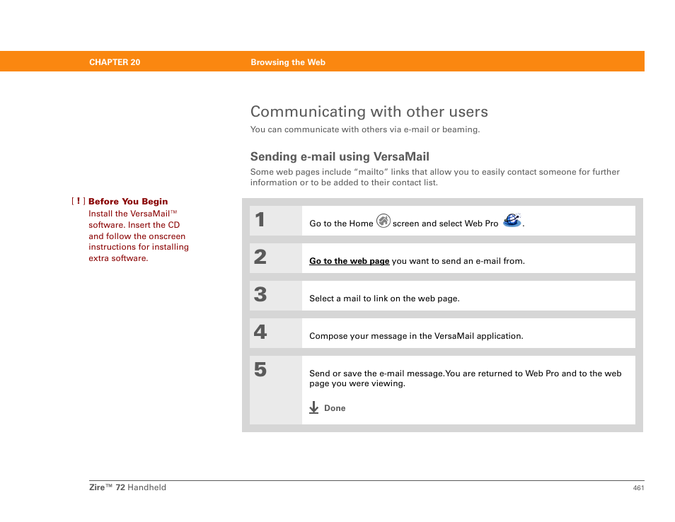 Communicating with other users, Sending e-mail using versamail | Palm Zire 72 User Manual | Page 483 / 706