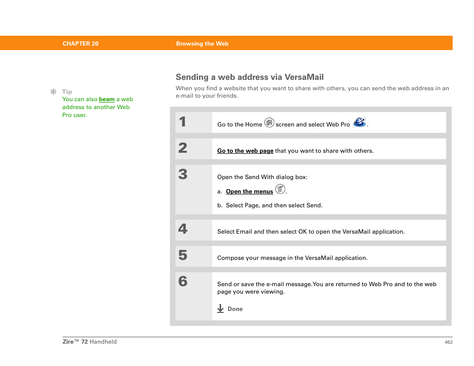 Sending a web address via versamail | Palm Zire 72 User Manual | Page 484 / 706