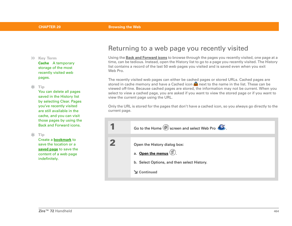 Returning to a web page you recently visited | Palm Zire 72 User Manual | Page 486 / 706