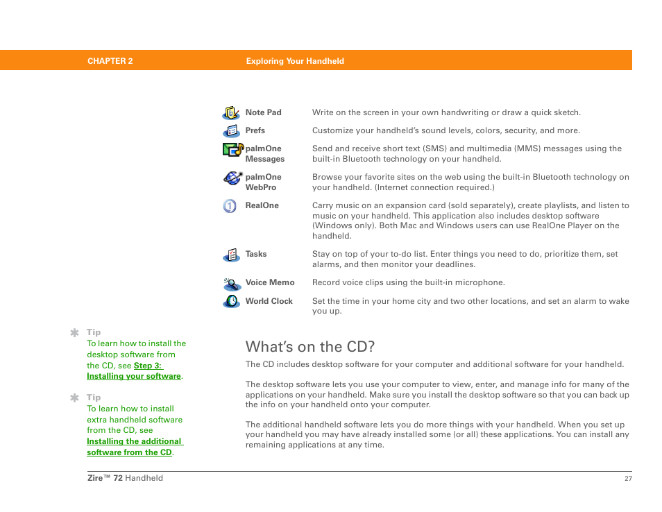 What’s on the cd | Palm Zire 72 User Manual | Page 49 / 706