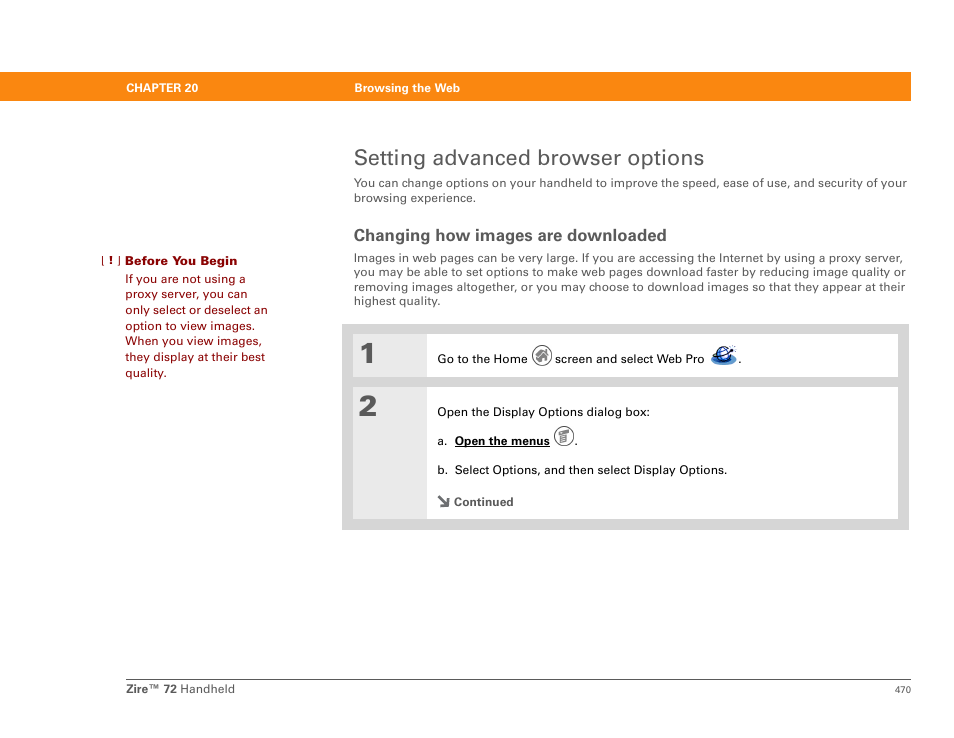 Setting advanced browser options, Changing how images are downloaded | Palm Zire 72 User Manual | Page 492 / 706