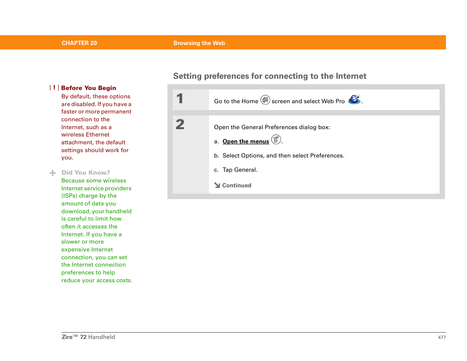 Setting preferences for connecting to the internet | Palm Zire 72 User Manual | Page 499 / 706