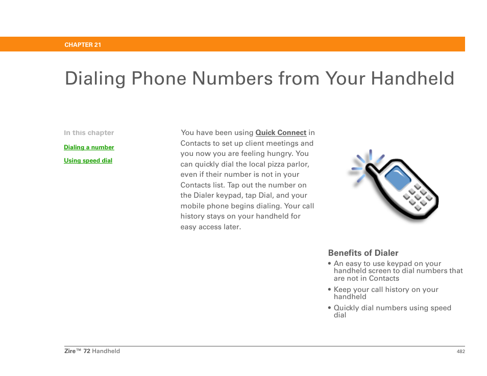 Dialing phone numbers from your handheld | Palm Zire 72 User Manual | Page 504 / 706