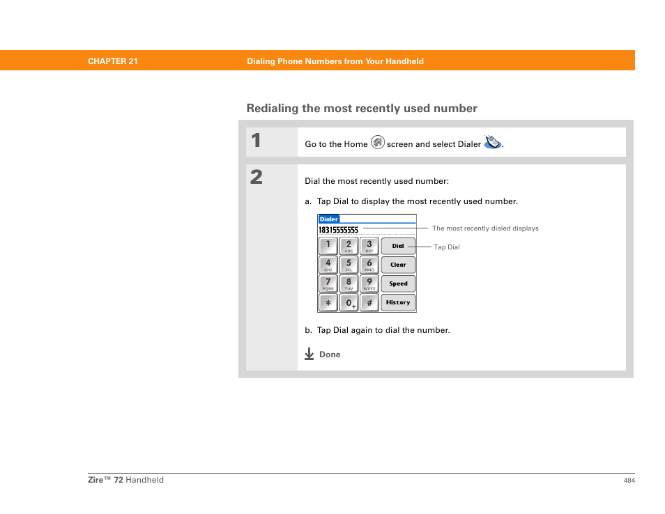 Redialing the most recently used number | Palm Zire 72 User Manual | Page 506 / 706