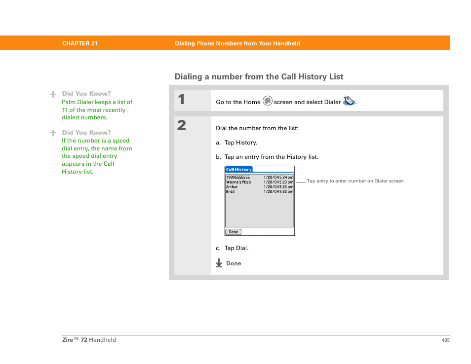 Dialing a number from the call history list | Palm Zire 72 User Manual | Page 507 / 706