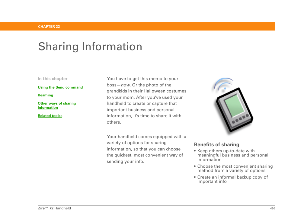 Sharing information, Chapter 22: sharing information, Sharing | Palm Zire 72 User Manual | Page 512 / 706