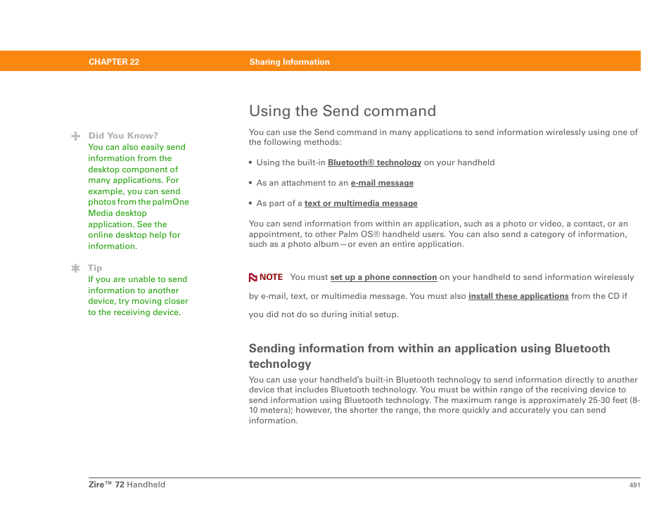Using the send command, Technology, Or send | Palm Zire 72 User Manual | Page 513 / 706