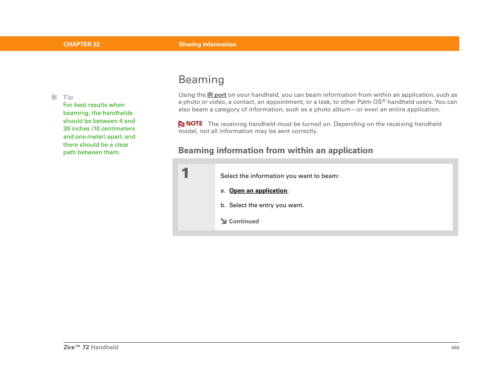 Beaming, Beaming information from within an application, Beam | Beam a photo or video t | Palm Zire 72 User Manual | Page 518 / 706