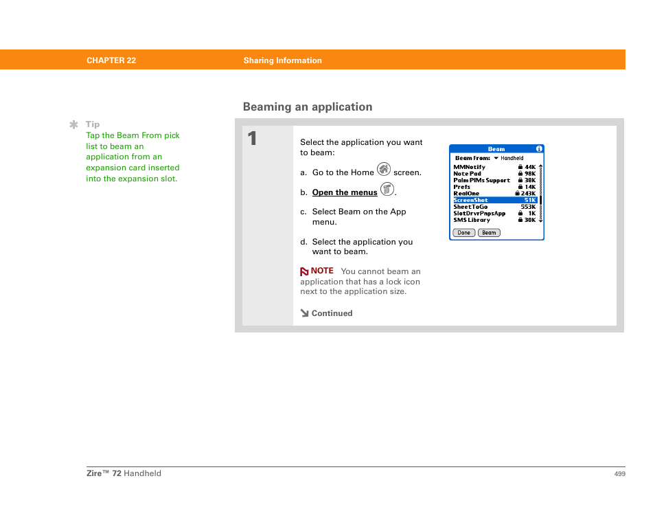 Beaming an application | Palm Zire 72 User Manual | Page 521 / 706