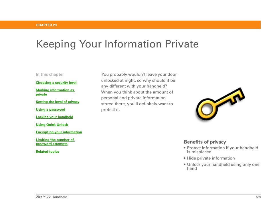 Keeping your information private, Chapter 23: keeping your information private, Privacy | Mark tasks as private, Marking them as private, Security preferences on yo, Configured the security preferences on you | Palm Zire 72 User Manual | Page 525 / 706