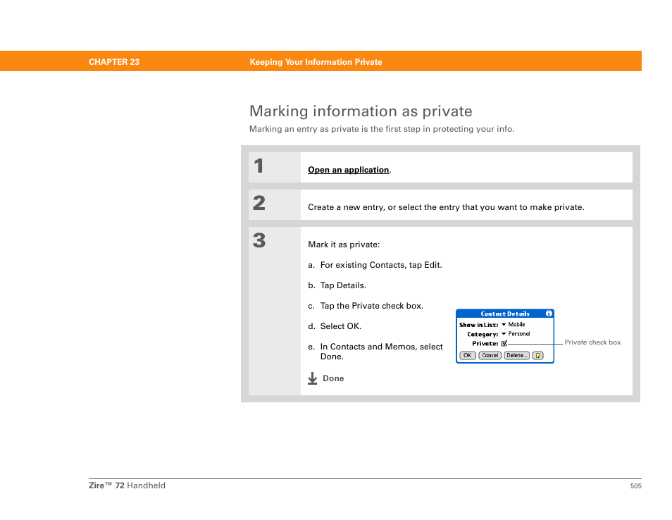 Marking information as private, Private , but | Palm Zire 72 User Manual | Page 527 / 706
